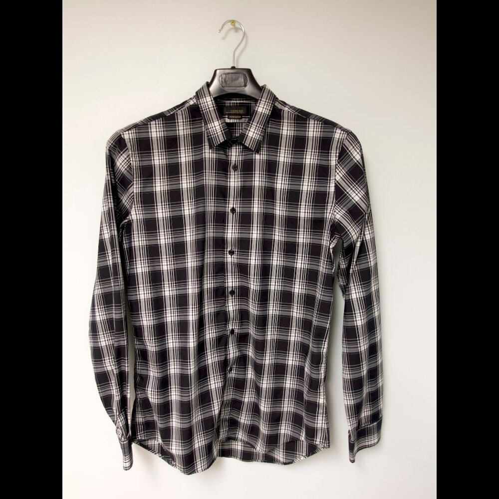 Zara Man Black Tag Plaid Super Slim Fit Shirt Mens XL Black White